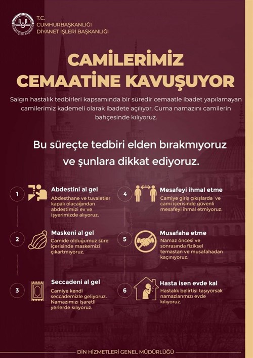 29 MAYIS CUMA GÜNÜ CAMİLERİMİZ KADEMELİ OLARAK İBADETE AÇILIYOR